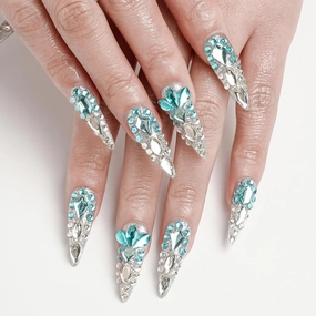 FORBELOVED NAILS,Luxury Silver-Blue Crystal Handmade Press On Nails,Long Stiletto Stick On Nails,Shiny Full Covered Gems,Charming False Nails For Women And Girls,10Pcs/Set With Glue,(Blue-S),FOB