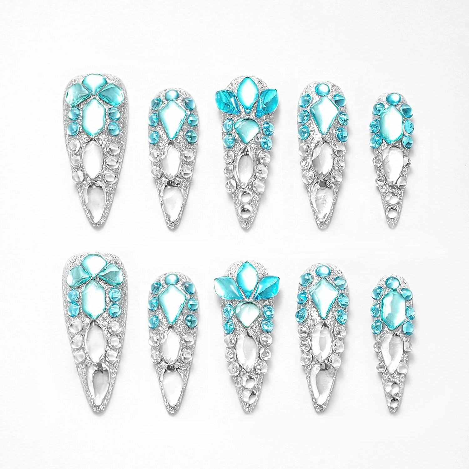 FORBELOVED NAILS,Luxury Silver-Blue Crystal Handmade Press On Nails,Long Stiletto Stick On Nails,Shiny Full Covered Gems,Charming False Nails For Women And Girls,10Pcs/Set With Glue,(Blue-S),FOB