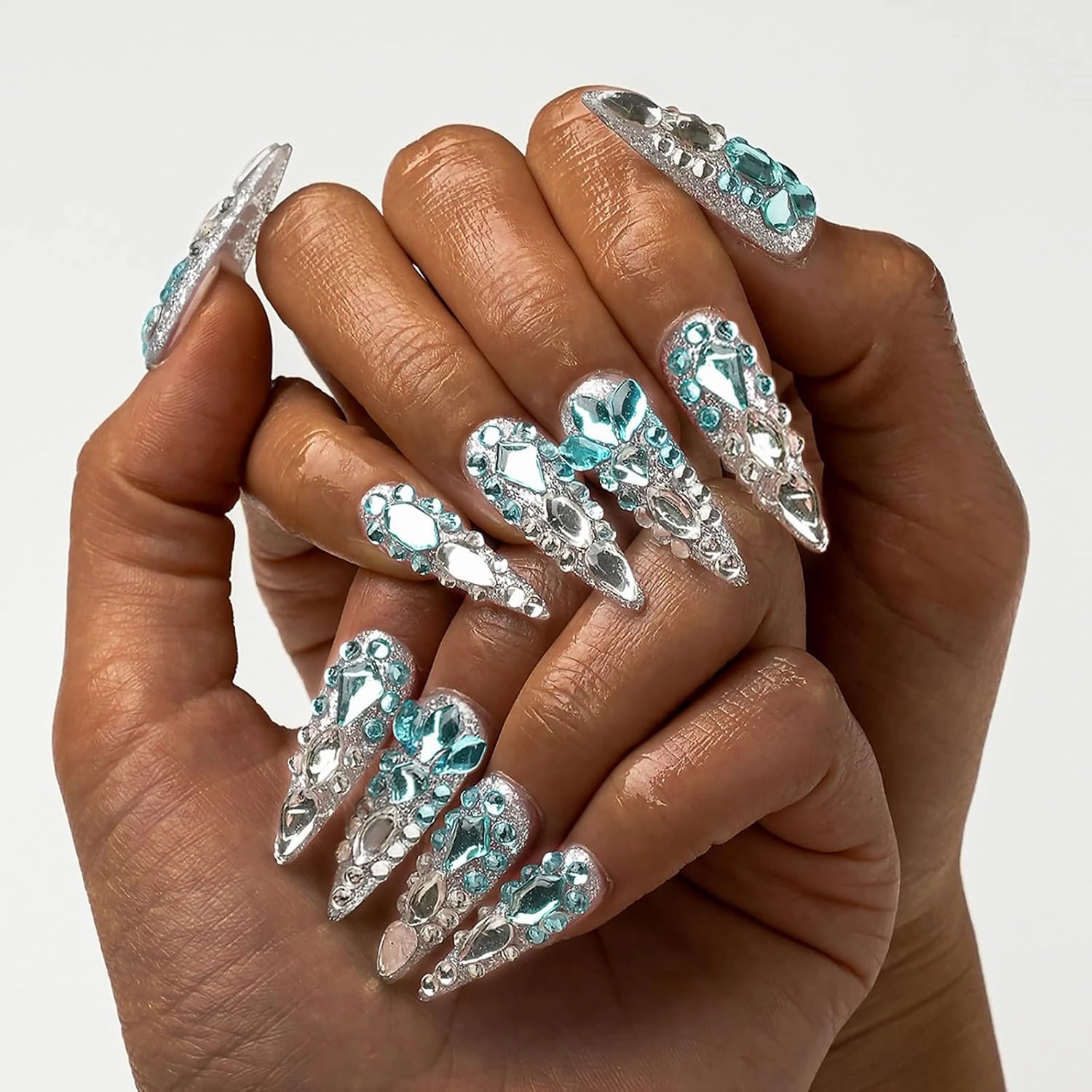 FORBELOVED NAILS,Luxury Silver-Blue Crystal Handmade Press On Nails,Long Stiletto Stick On Nails,Shiny Full Covered Gems,Charming False Nails For Women And Girls,10Pcs/Set With Glue,(Blue-S),FOB