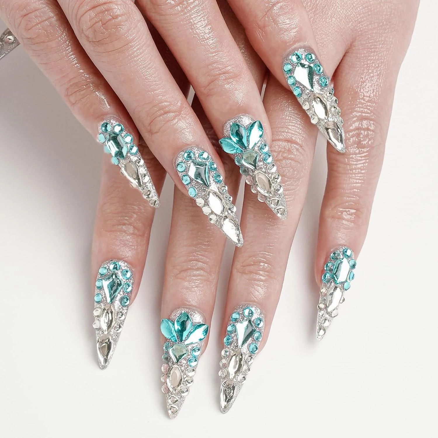 FORBELOVED NAILS,Luxury Silver-Blue Crystal Handmade Press On Nails,Long Stiletto Stick On Nails,Shiny Full Covered Gems,Charming False Nails For Women And Girls,10Pcs/Set With Glue,(Blue-S),FOB
