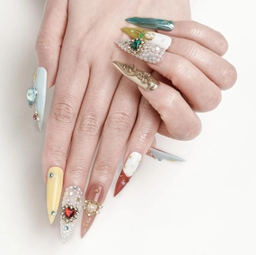 FORBELOVED NAILS,Shiny Colorful Gems,Heart Love,Flower Decorations,Luxury Handmade Press On Nails,Long Stiletto Stick On Nails,Pearls False Nails For Women And Girls,10Pcs/Set With Glue,(Yellow-M),FOB