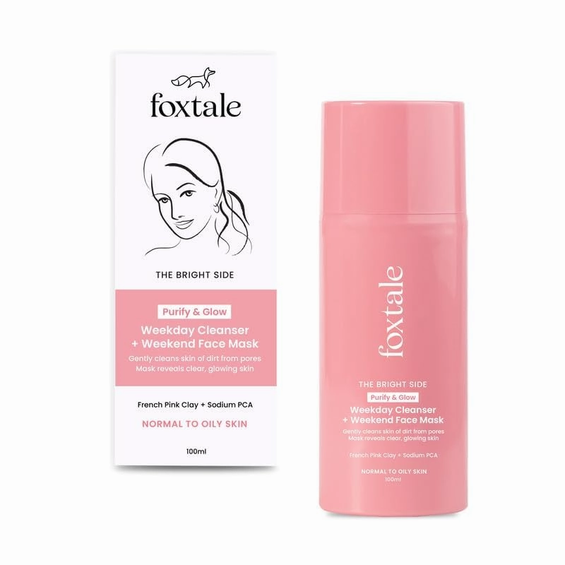 Fox.tale Purify & Glow Cleanser   Clay Mask - Deep Cleanses Pores, Exfoliating Glow Facial, Instantly Gives Bright Skin, For Normal, Oily and Combination Skin, Men & Women - 100ml