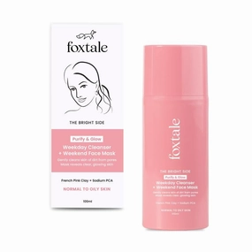 Fox.tale Purify & Glow Cleanser   Clay Mask - Deep Cleanses Pores, Exfoliating Glow Facial, Instantly Gives Bright Skin, For Normal, Oily and Combination Skin, Men & Women - 100ml