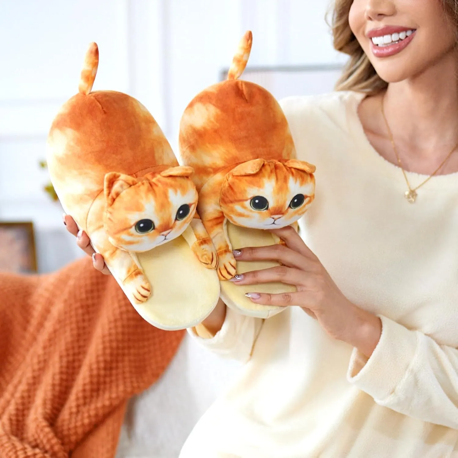 Funny Fuzzy Cat Slippers for Women - Fluffy House Shoes, Cute Animal Slippers for Indoor & Outdoor, Soft Non-Slip, Cat Gifts for Lovers, Christmas Gifts for Girls/Mom/Men
