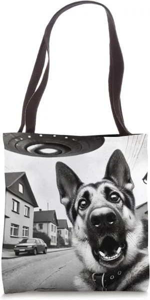 Funny German Shepherd selfie with UFO Alien Encounter Tote Bag