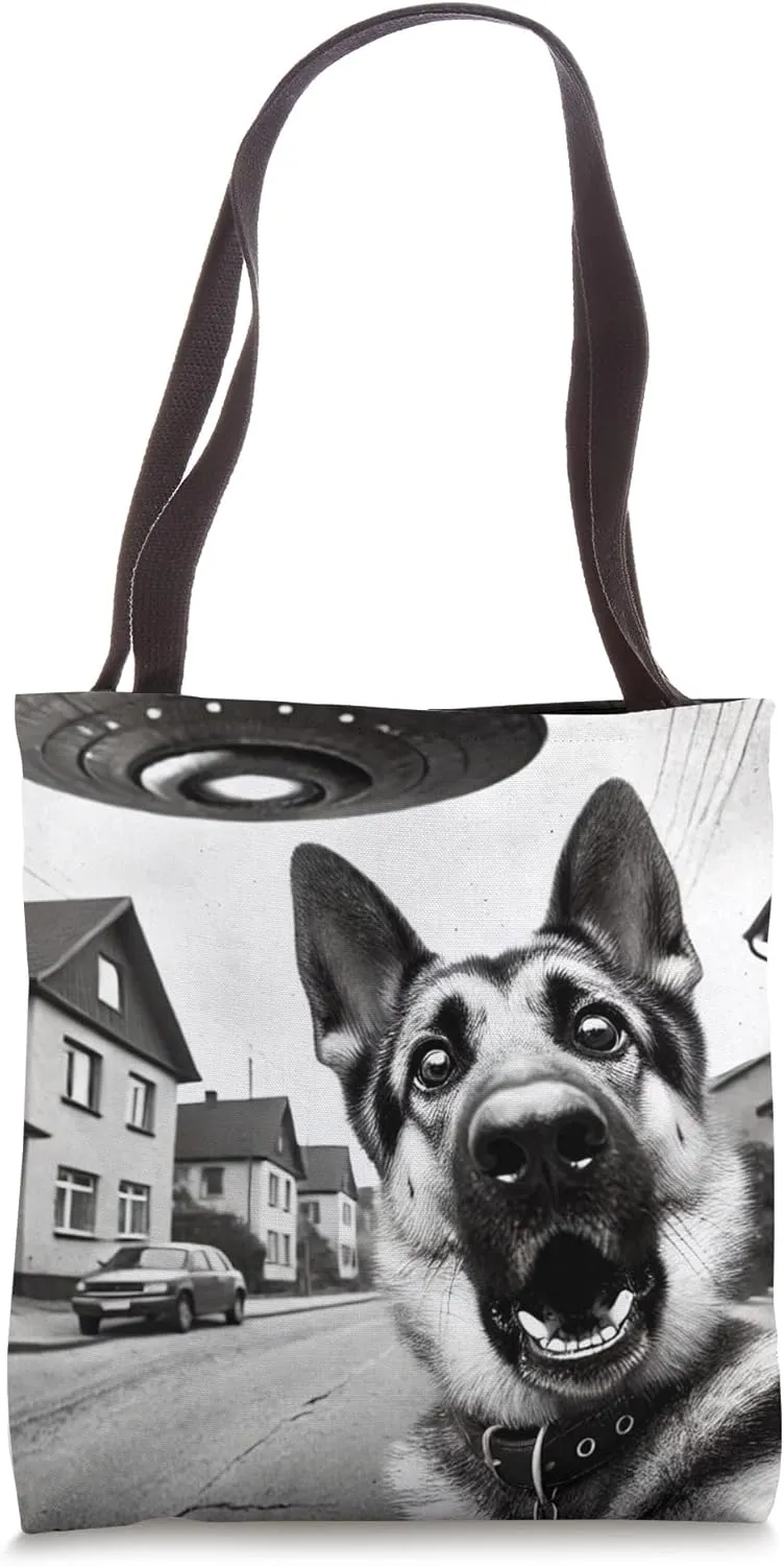 Funny German Shepherd selfie with UFO Alien Encounter Tote Bag