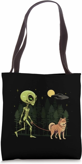 Funny Finnish Spitz Alien Walking UFO Pet Dog Mom Dad Tote Bag