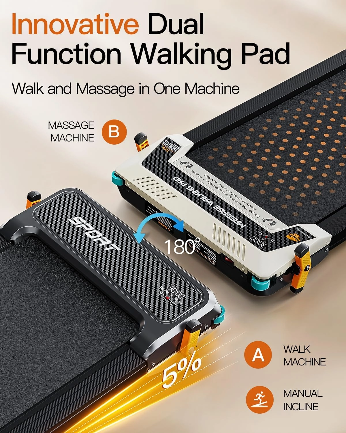FUNRAY Versatile Walking Pad Treadmill with Incline - Dual-Sided Under Desk Treadmill with Foot Massage,2 in 1 Walking Machine for Home/Office with 330LBS Weight Capacity
