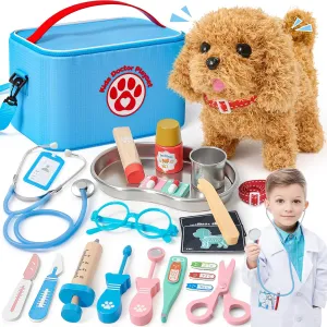 G.C Doctor Kit for Kids Toddlers Toys Dog Vet Set, Wooden Veterinarian Playset with Walk Bark Electronic Interactive Puppy & Costume & Medical Bag Pet Care Toys Pretend Play Gifts for Girls 3 4 5 6 