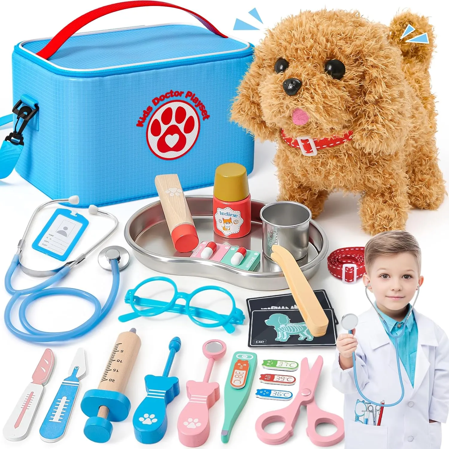 G.C Doctor Kit for Kids Toddlers Toys Dog Vet Set, Wooden Veterinarian Playset with Walk Bark Electronic Interactive Puppy & Costume & Medical Bag Pet Care Toys Pretend Play Gifts for Girls 3 4 5 6 