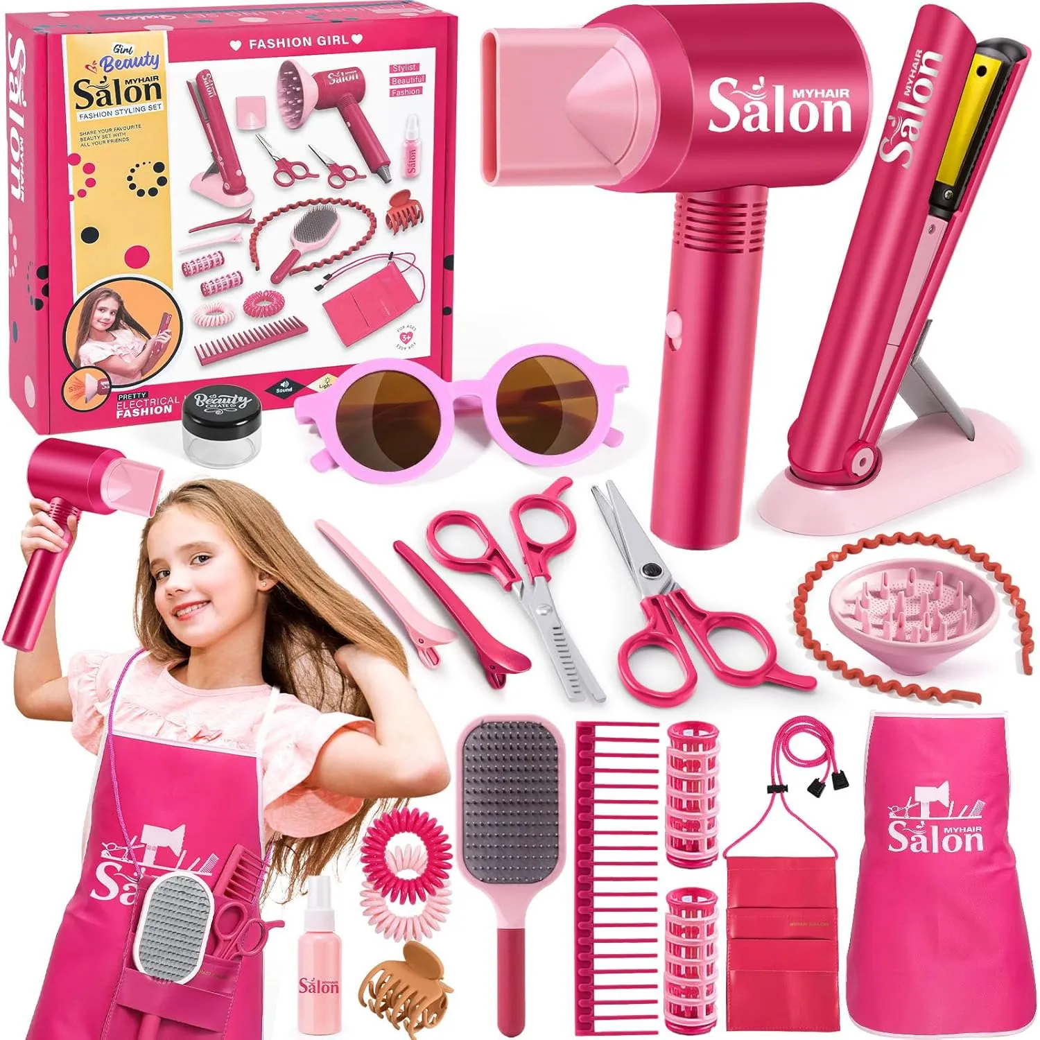 G.C Girls Hair Salon Toys Kids Pretend Play Hair Styling Kit with Realistic Blow Dryer Straightener Stylist Apron Scissors Accessories Beauty Makeup Set Birthday Gifts for Toddler Girls 3 4 5 6 