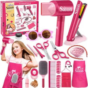 G.C Girls Hair Salon Toys Kids Pretend Play Hair Styling Kit with Realistic Blow Dryer Straightener Stylist Apron Scissors Accessories Beauty Makeup Set Birthday Gifts for Toddler Girls 3 4 5 6 