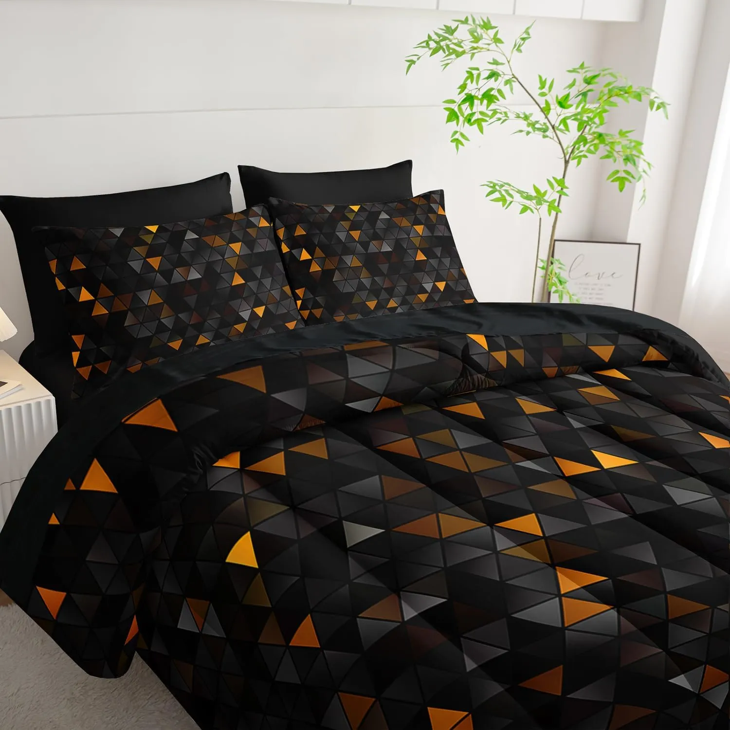 Geometric Yellow Black Triangle Twin Size Comforter Set,Light Honeycomb Bedding Set 7 Piece in A Bag,Bed Sheet Set Geometry Decor,Microfiber Lightweight All Season