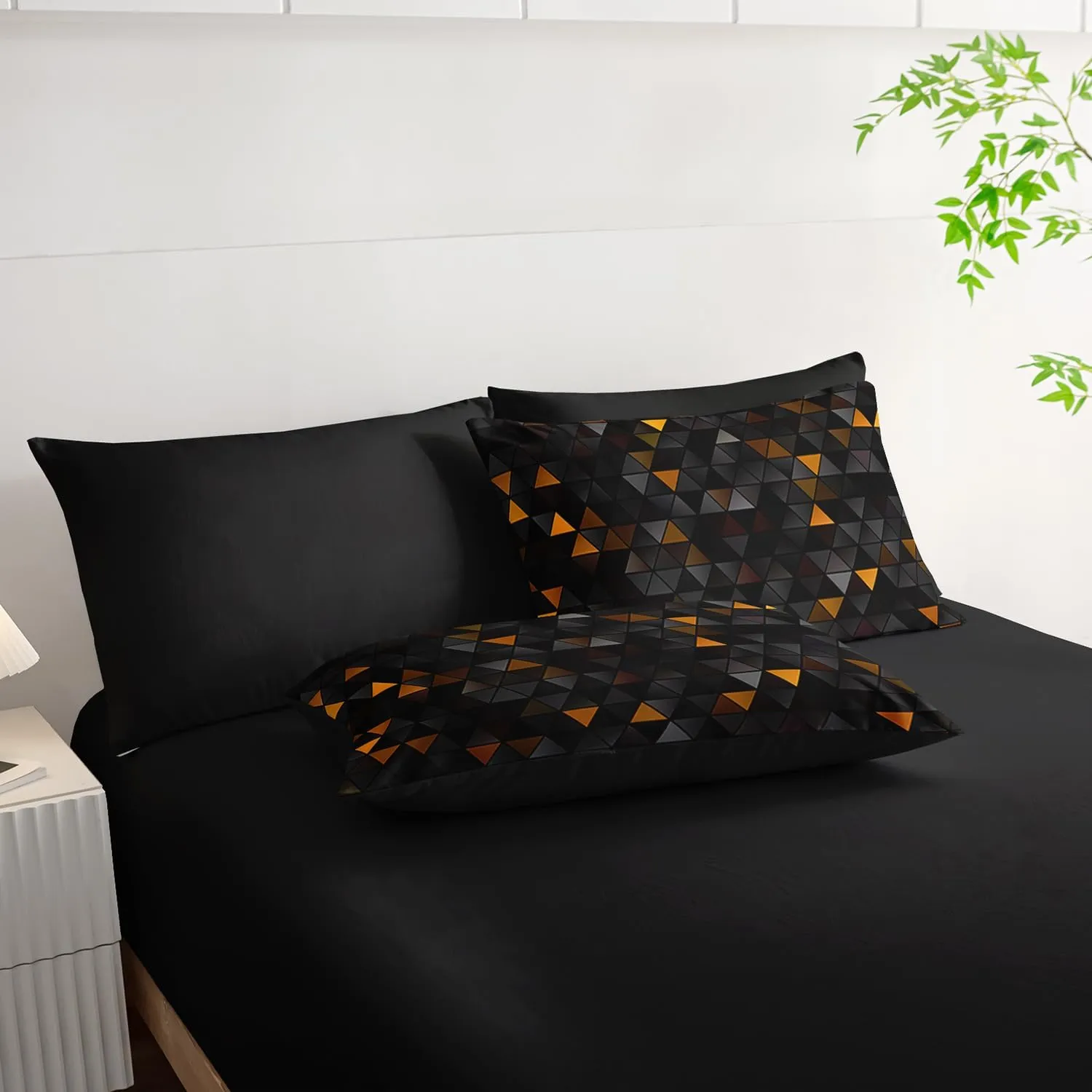 Geometric Yellow Black Triangle Twin Size Comforter Set,Light Honeycomb Bedding Set 7 Piece in A Bag,Bed Sheet Set Geometry Decor,Microfiber Lightweight All Season