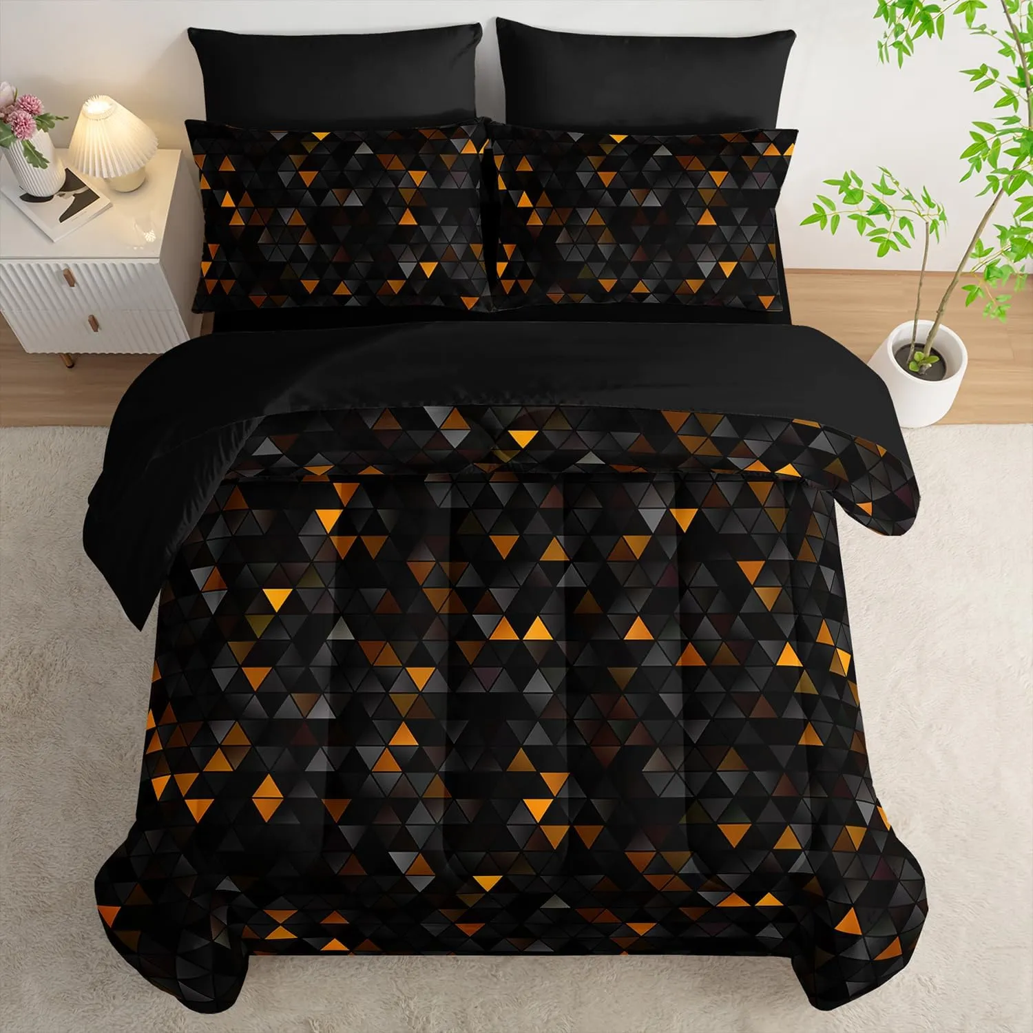 Geometric Yellow Black Triangle Twin Size Comforter Set,Light Honeycomb Bedding Set 7 Piece in A Bag,Bed Sheet Set Geometry Decor,Microfiber Lightweight All Season