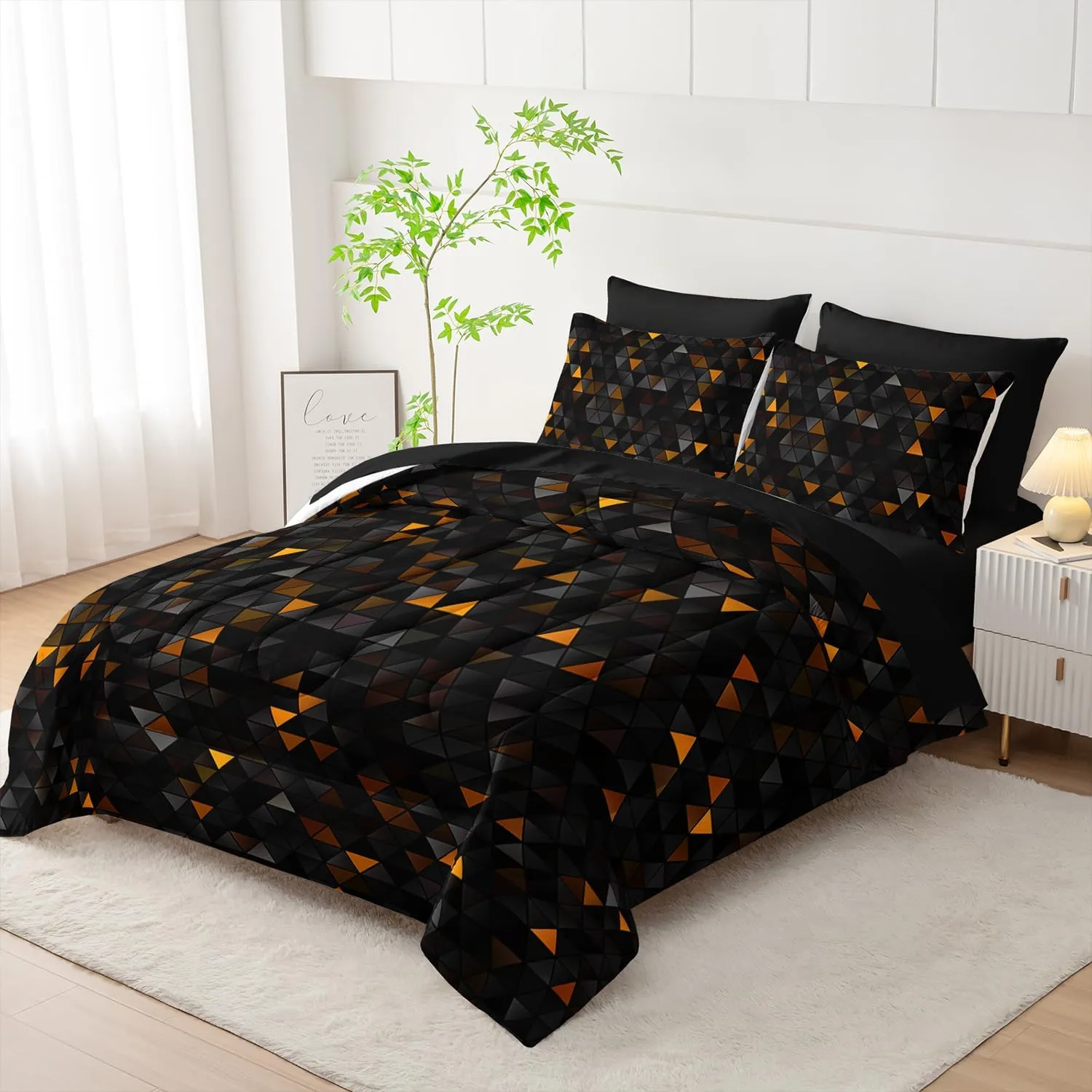 Geometric Yellow Black Triangle Twin Size Comforter Set,Light Honeycomb Bedding Set 7 Piece in A Bag,Bed Sheet Set Geometry Decor,Microfiber Lightweight All Season