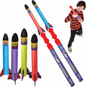 Geospace Hand Held Jr. Pump Rocket Combo Battle Pack – Flying Foam Rockets Outdoor Toys for Kids, Boys & Girls – 30" Set with 2 Launchers & 6 Rockets Set – Hand Stomper Rocket Toy - Cool Toys for Fun