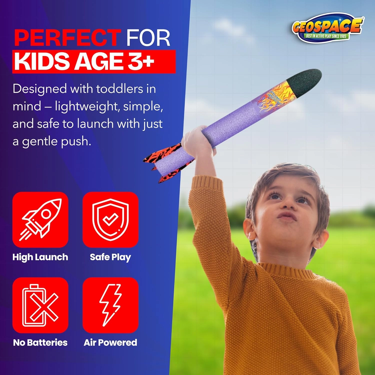 Geospace Hand Held Jr. Pump Rocket Combo Battle Pack – Flying Foam Rockets Outdoor Toys for Kids, Boys & Girls – 30" Set with 2 Launchers & 6 Rockets Set – Hand Stomper Rocket Toy - Cool Toys for Fun