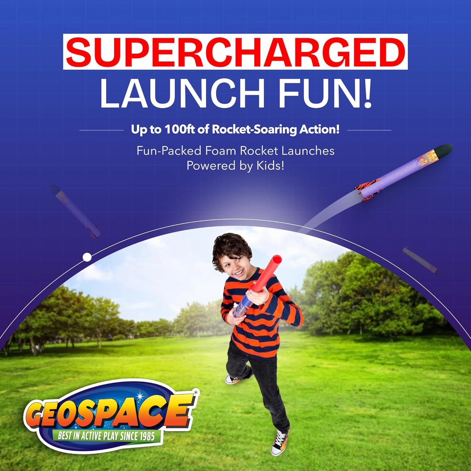 Geospace Hand Held Jr. Pump Rocket Combo Battle Pack – Flying Foam Rockets Outdoor Toys for Kids, Boys & Girls – 30" Set with 2 Launchers & 6 Rockets Set – Hand Stomper Rocket Toy - Cool Toys for Fun