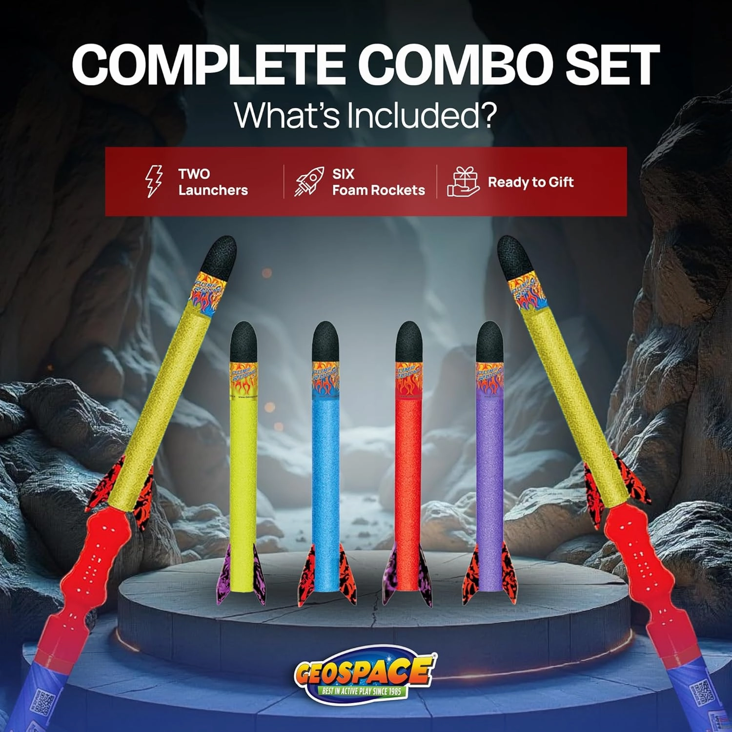 Geospace Hand Held Jr. Pump Rocket Combo Battle Pack – Flying Foam Rockets Outdoor Toys for Kids, Boys & Girls – 30" Set with 2 Launchers & 6 Rockets Set – Hand Stomper Rocket Toy - Cool Toys for Fun