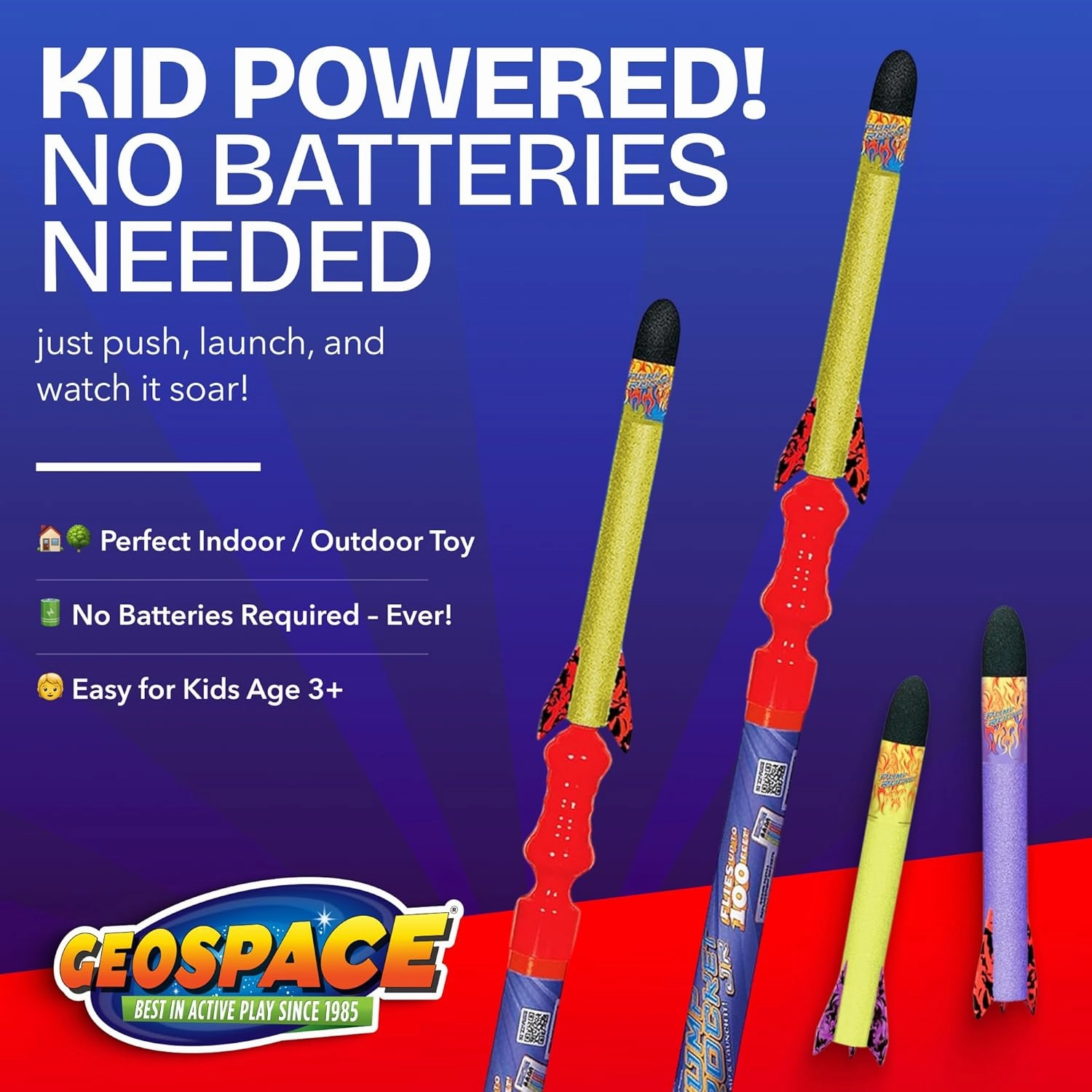 Geospace Hand Held Jr. Pump Rocket Combo Battle Pack – Flying Foam Rockets Outdoor Toys for Kids, Boys & Girls – 30" Set with 2 Launchers & 6 Rockets Set – Hand Stomper Rocket Toy - Cool Toys for Fun