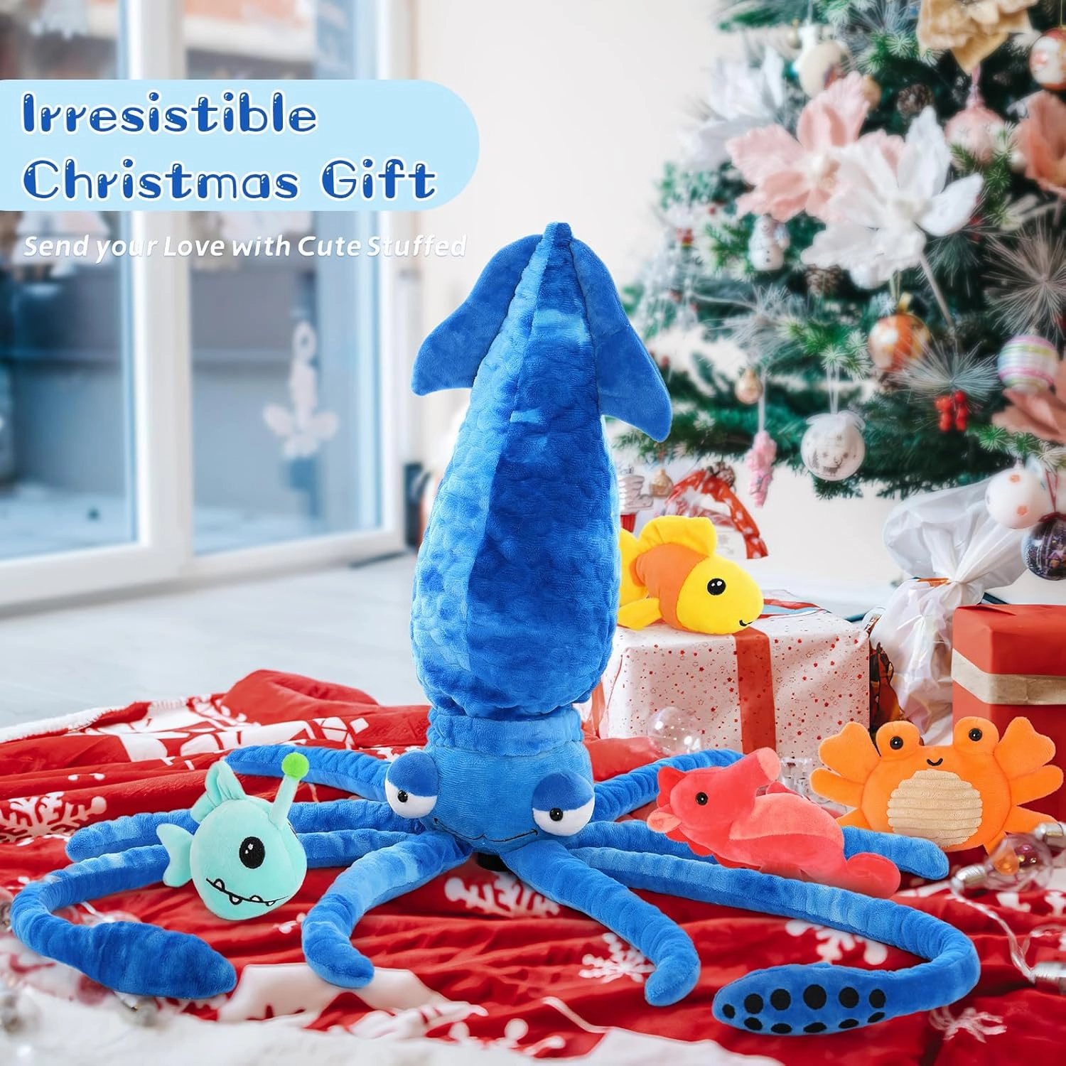 Giant Squid Stuffed Animal Toy 41.3 inches with Four pcs of Marine Animal Plush Dolls Clownfish,Crab, Seahorse, Angler Fish Baby Toys, Suitable for Birthday Gifts for Children