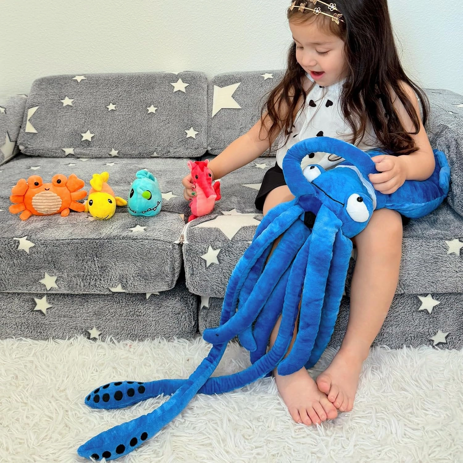 Giant Squid Stuffed Animal Toy 41.3 inches with Four pcs of Marine Animal Plush Dolls Clownfish,Crab, Seahorse, Angler Fish Baby Toys, Suitable for Birthday Gifts for Children