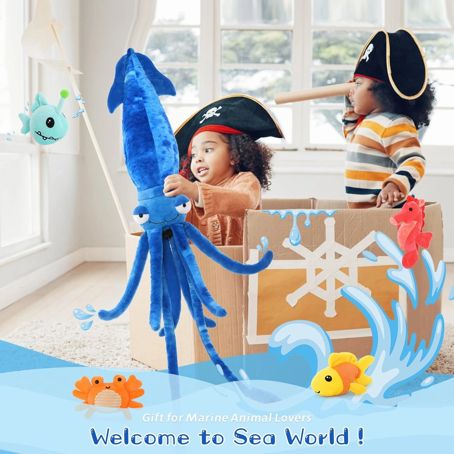 Giant Squid Stuffed Animal Toy 41.3 inches with Four pcs of Marine Animal Plush Dolls Clownfish,Crab, Seahorse, Angler Fish Baby Toys, Suitable for Birthday Gifts for Children