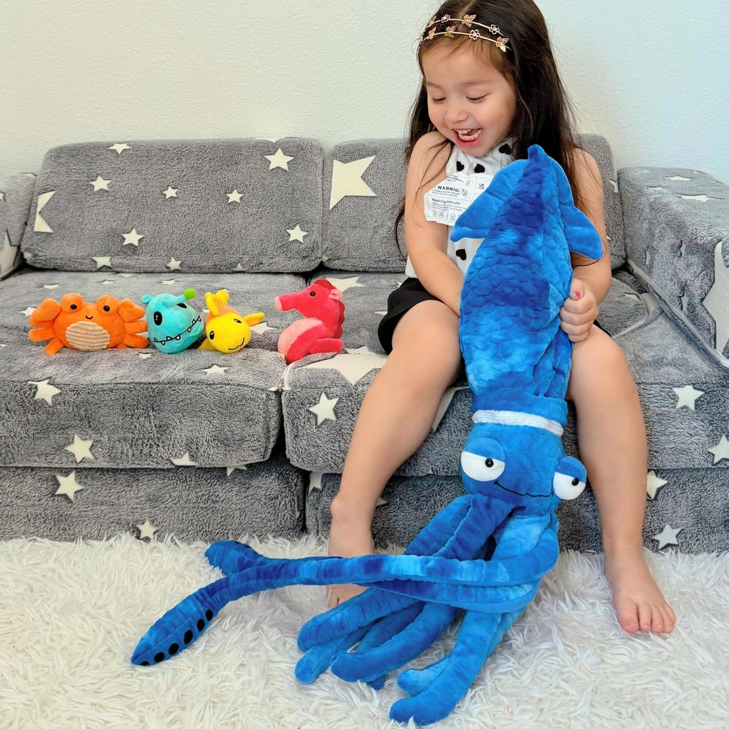 Giant Squid Stuffed Animal Toy 41.3 inches with Four pcs of Marine Animal Plush Dolls Clownfish,Crab, Seahorse, Angler Fish Baby Toys, Suitable for Birthday Gifts for Children