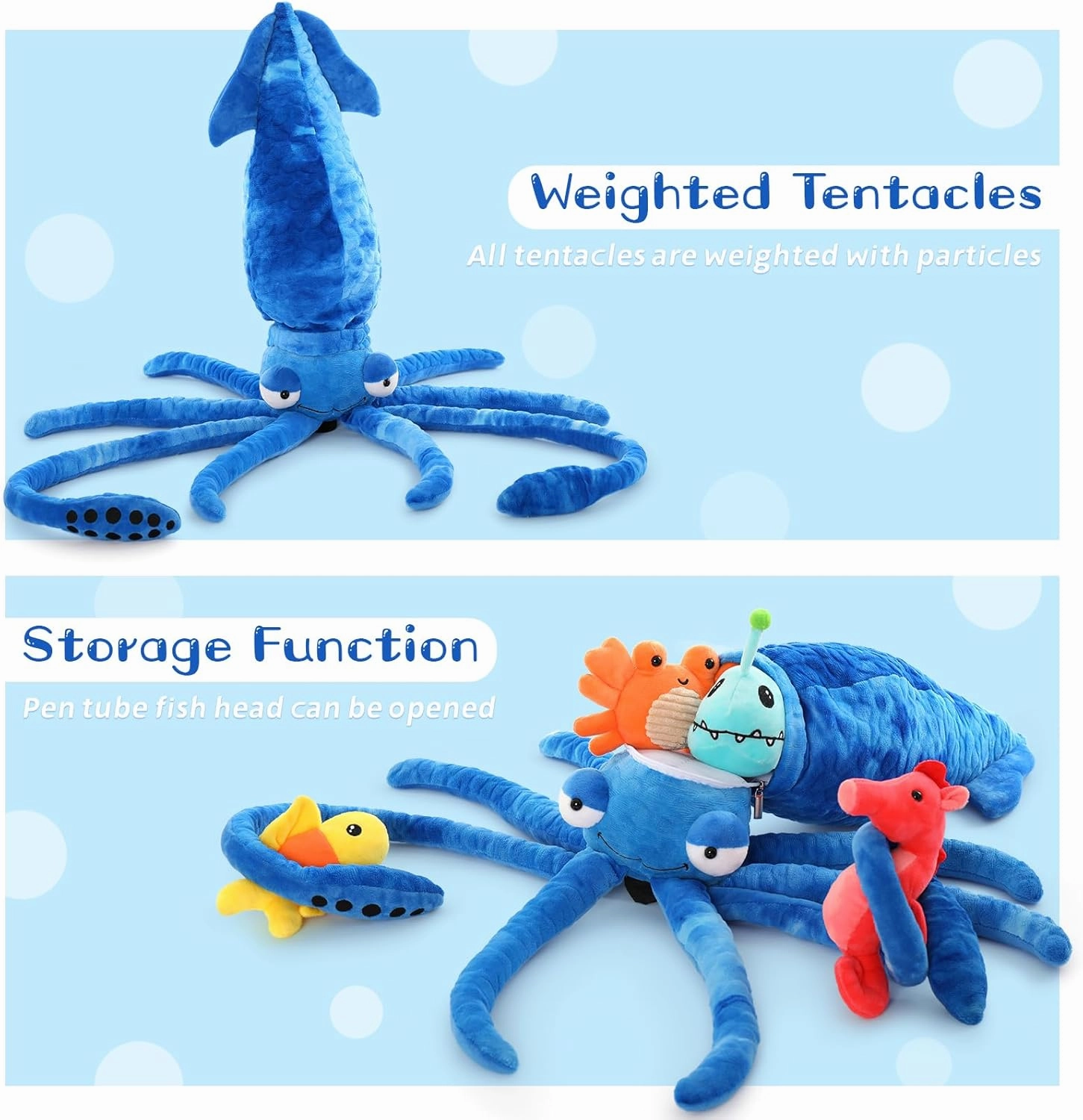 Giant Squid Stuffed Animal Toy 41.3 inches with Four pcs of Marine Animal Plush Dolls Clownfish,Crab, Seahorse, Angler Fish Baby Toys, Suitable for Birthday Gifts for Children