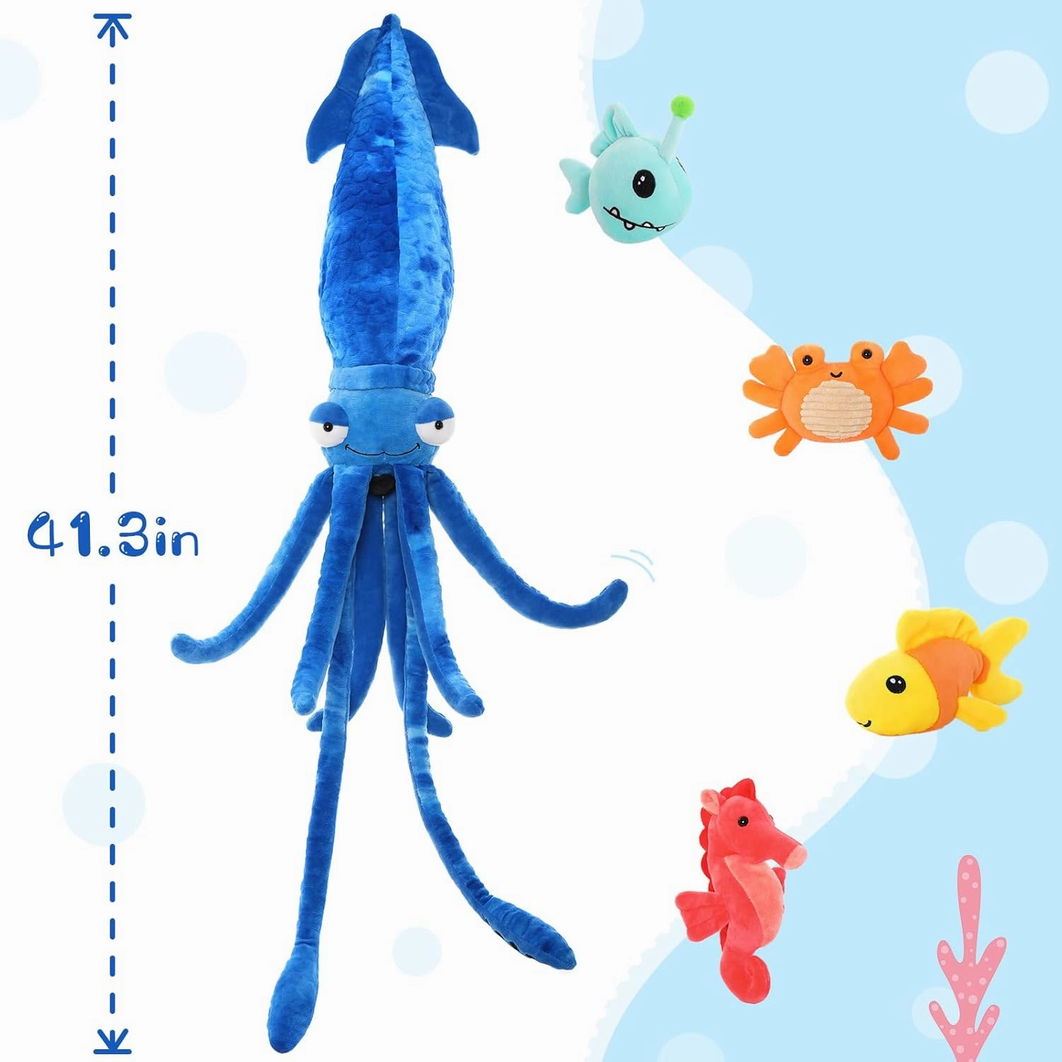 Giant Squid Stuffed Animal Toy 41.3 inches with Four pcs of Marine Animal Plush Dolls Clownfish,Crab, Seahorse, Angler Fish Baby Toys, Suitable for Birthday Gifts for Children
