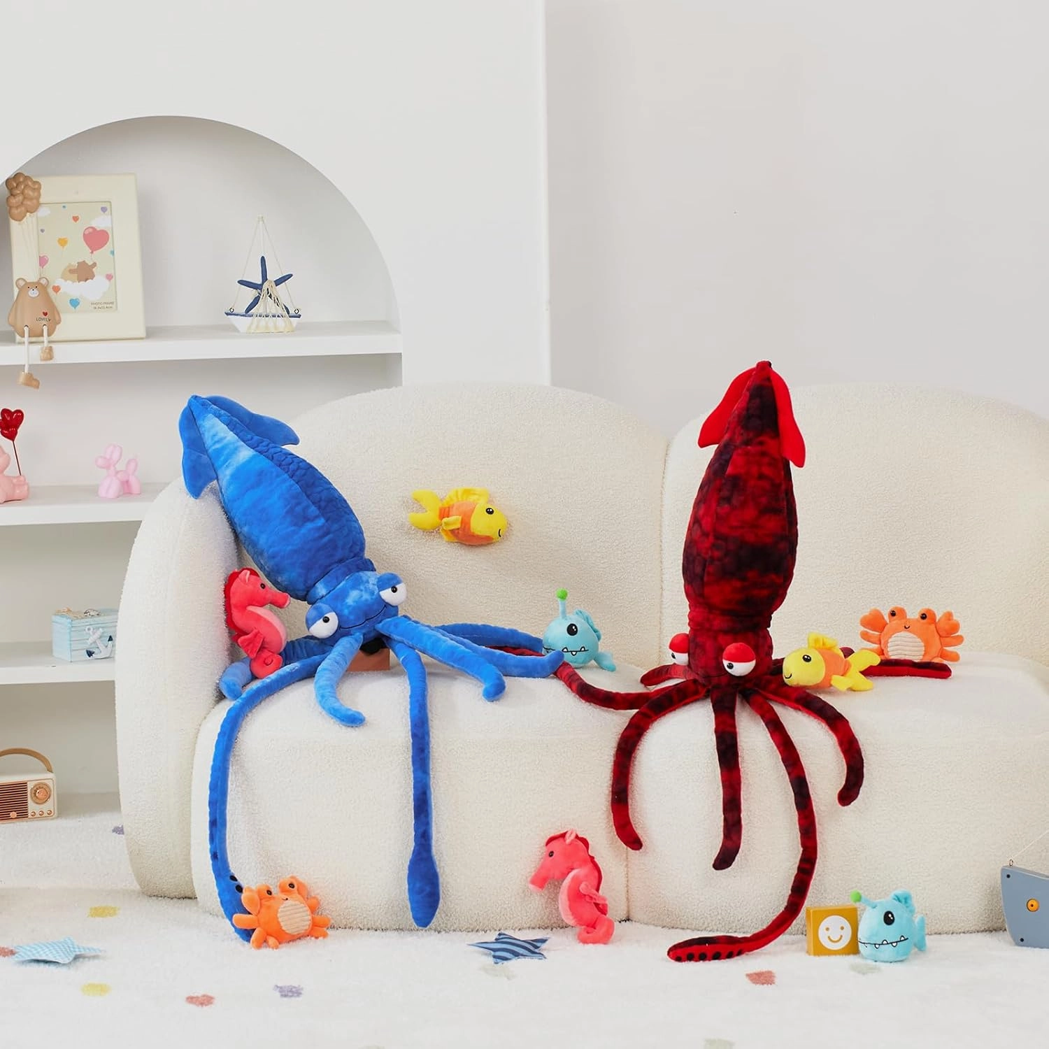 Giant Squid Stuffed Animal Toy 41.3 inches with Four pcs of Marine Animal Plush Dolls Clownfish,Crab, Seahorse, Angler Fish Baby Toys, Suitable for Birthday Gifts for Children