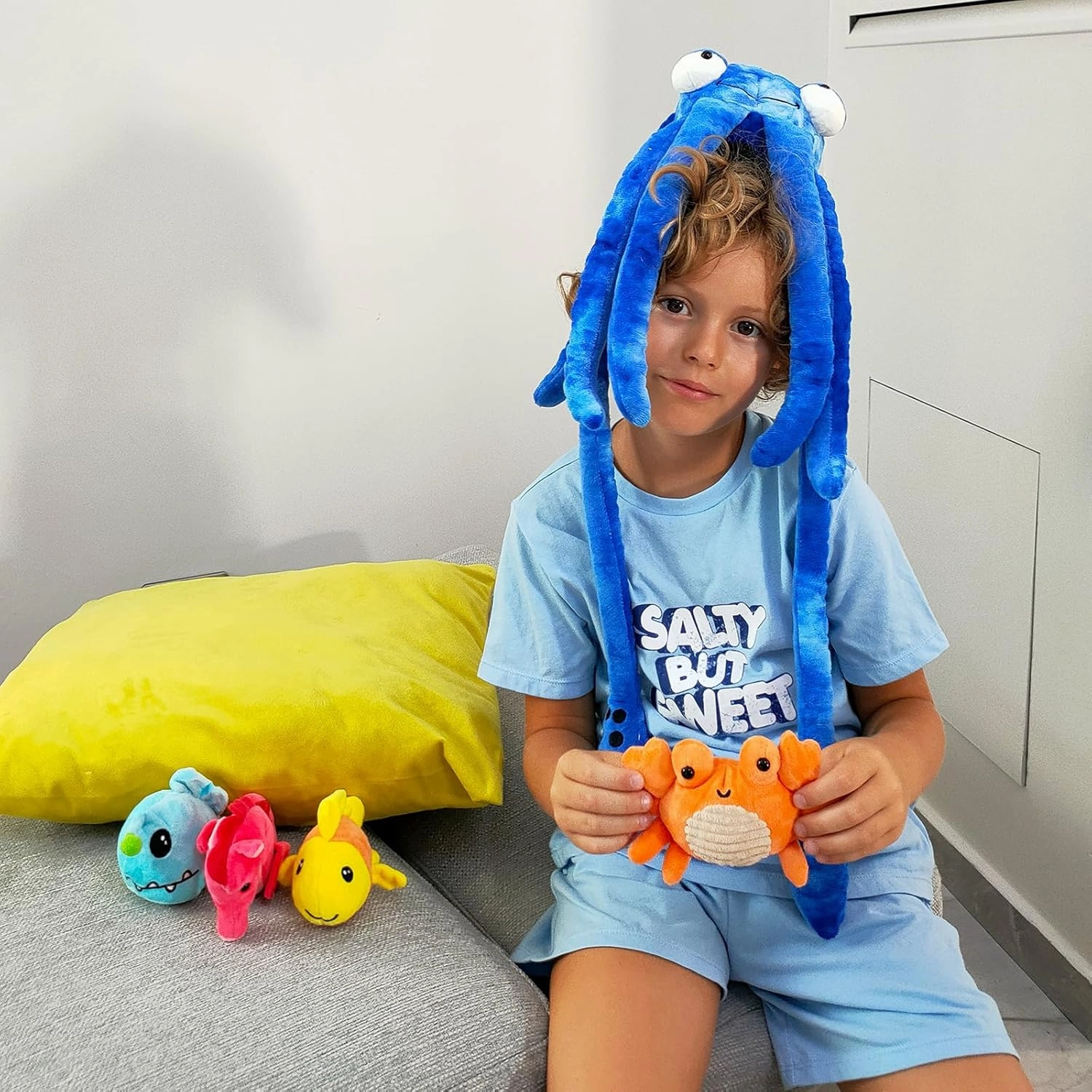 Giant Squid Stuffed Animal Toy 41.3 inches with Four pcs of Marine Animal Plush Dolls Clownfish,Crab, Seahorse, Angler Fish Baby Toys, Suitable for Birthday Gifts for Children