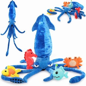 Giant Squid Stuffed Animal Toy 41.3 inches with Four pcs of Marine Animal Plush Dolls Clownfish,Crab, Seahorse, Angler Fish Baby Toys, Suitable for Birthday Gifts for Children