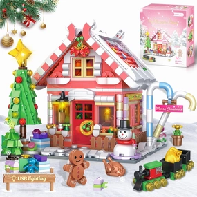 Gingerbread House Building Block Set for Girls 12  - Pink Christmas Village With LED Lights, Tree, and Train - 1288Pcs for Adults