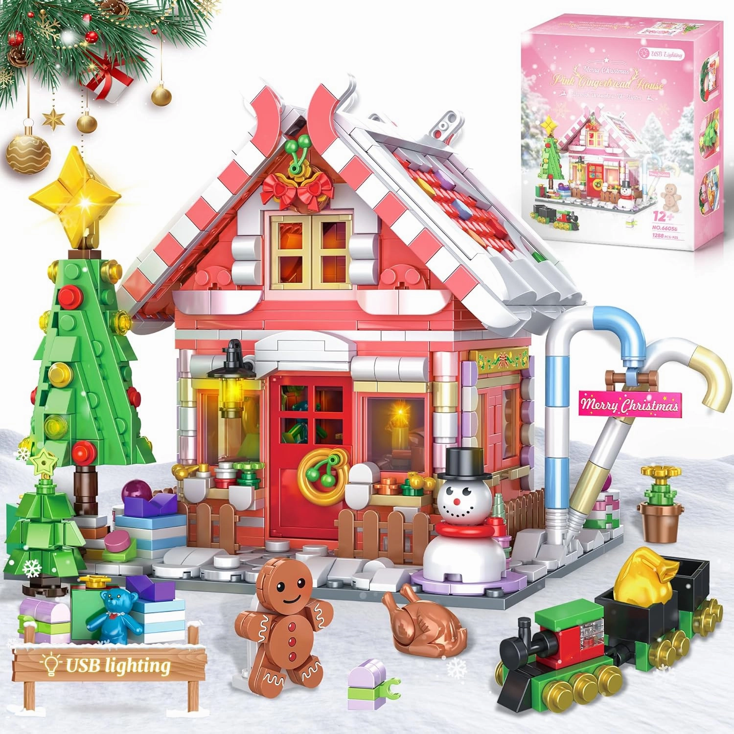 Gingerbread House Building Block Set for Girls 12  - Pink Christmas Village With LED Lights, Tree, and Train - 1288Pcs for Adults