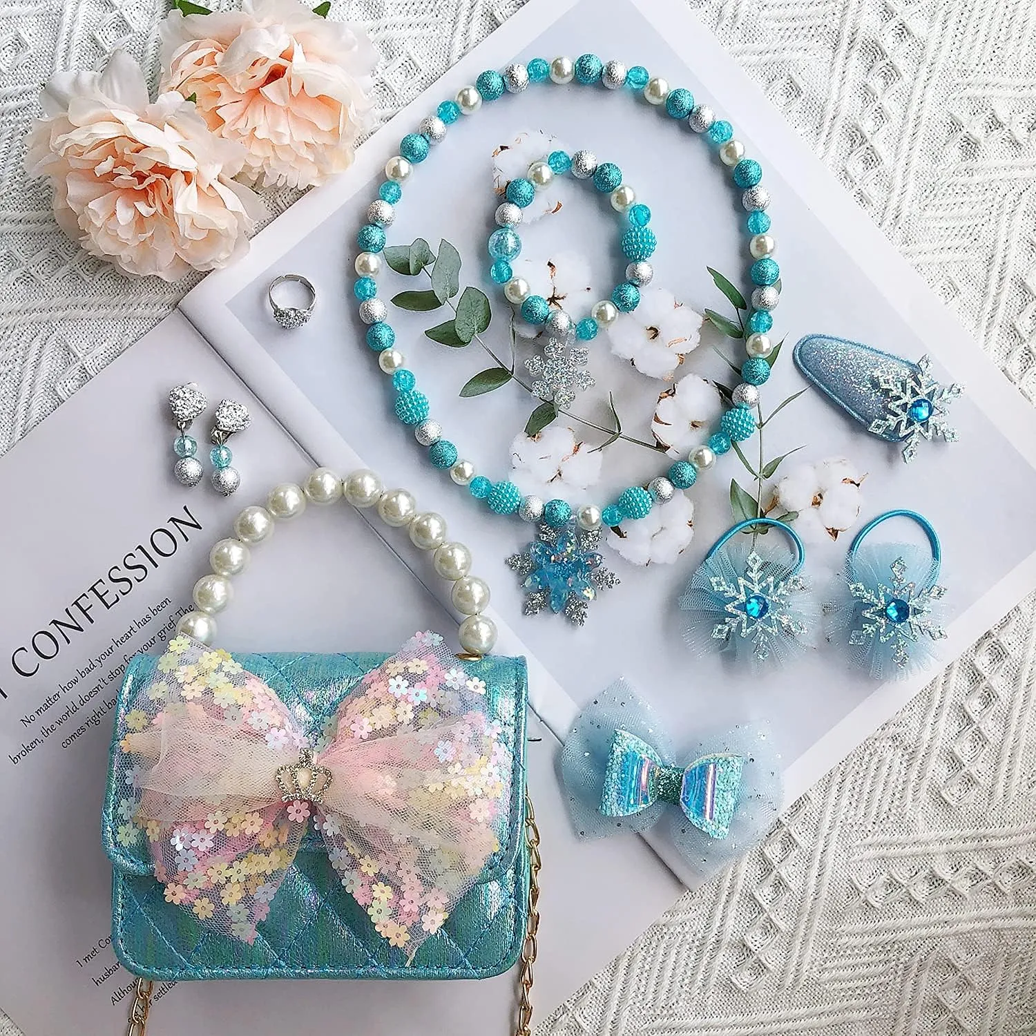 Girl Handbag Purse for Little Girls Kids Pretend Play Dress Up Necklace Hair Accessories Jewelry Set, Light Blue
