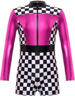 Girls Race Car Driver Costume Kids Racing Jumpsuit Unitard for Halloween Party Racer Cosplay Dress Up