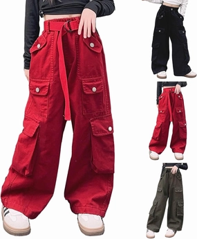 Girls Cargo Long Pants Baggy Wide Leg High Waist Buttons Trousers Kids Multi Pockets Vintage Streetwear Sweatpants