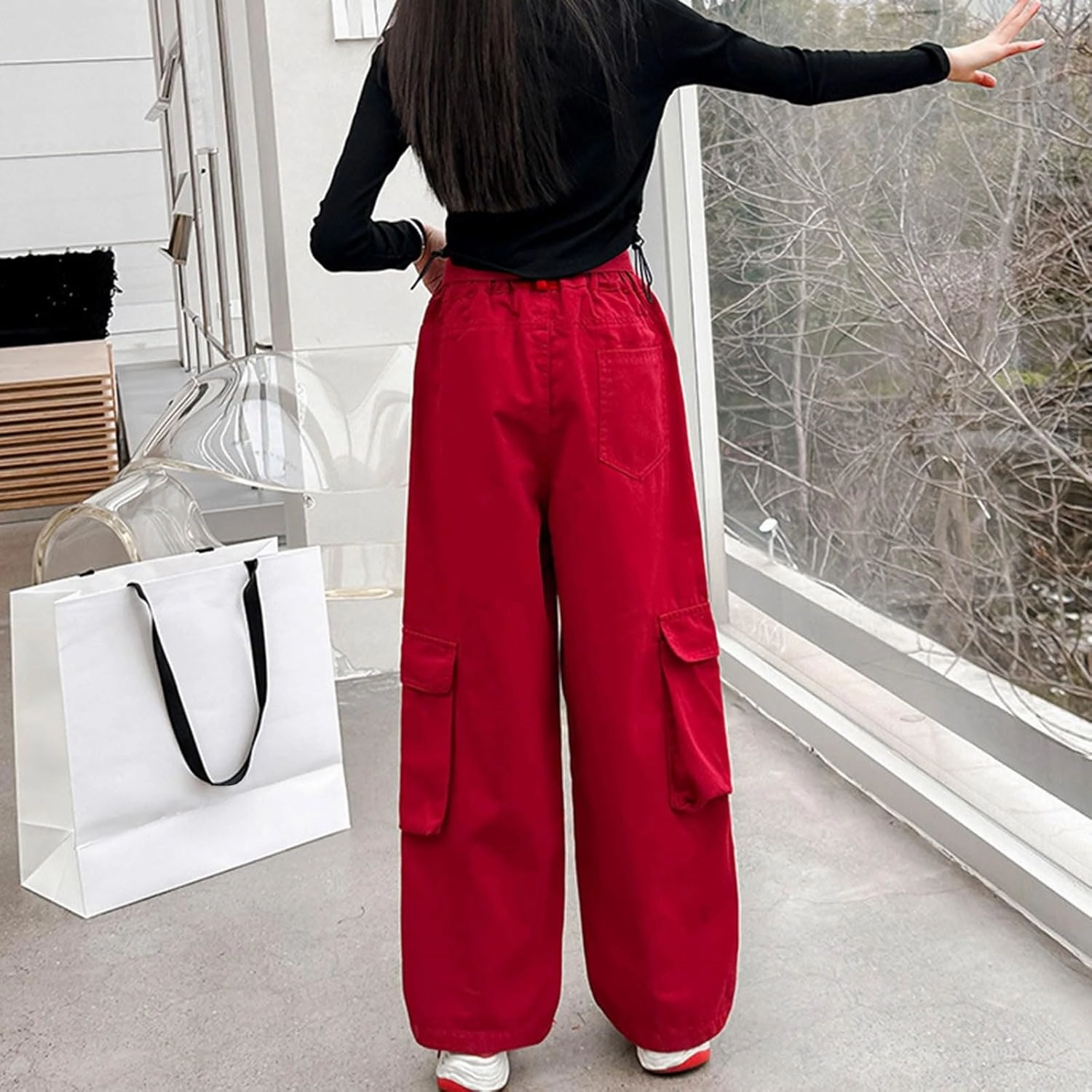 Girls Cargo Long Pants Baggy Wide Leg High Waist Buttons Trousers Kids Multi Pockets Vintage Streetwear Sweatpants