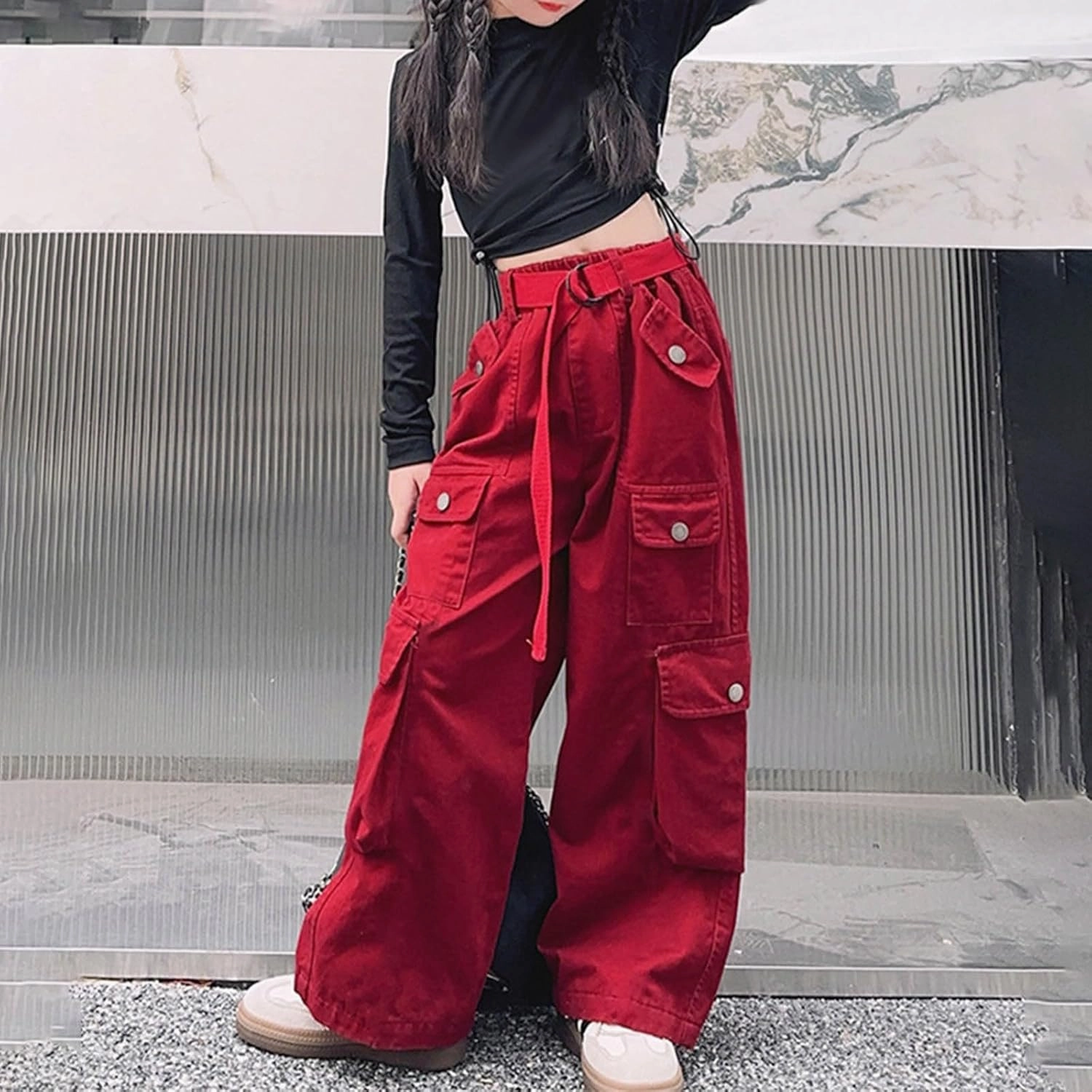 Girls Cargo Long Pants Baggy Wide Leg High Waist Buttons Trousers Kids Multi Pockets Vintage Streetwear Sweatpants