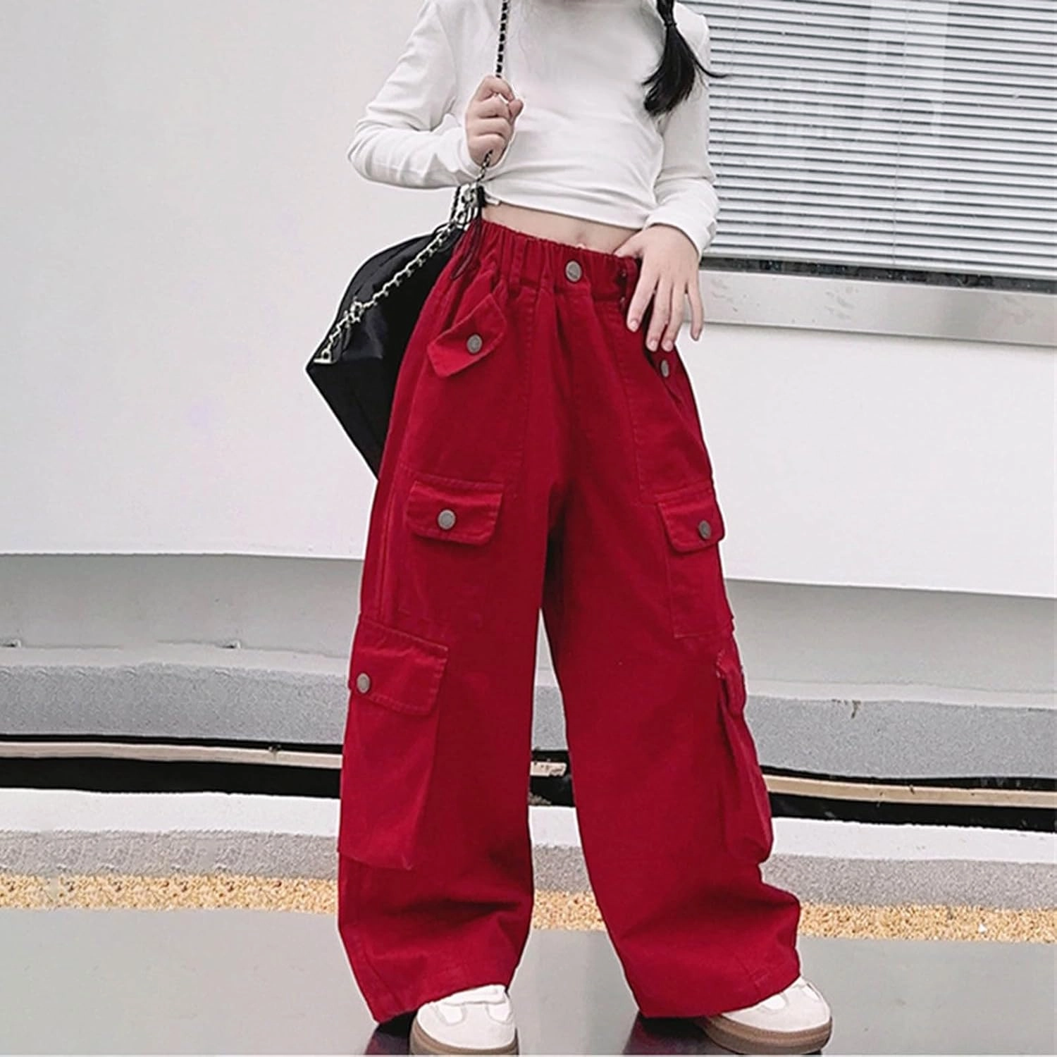 Girls Cargo Long Pants Baggy Wide Leg High Waist Buttons Trousers Kids Multi Pockets Vintage Streetwear Sweatpants