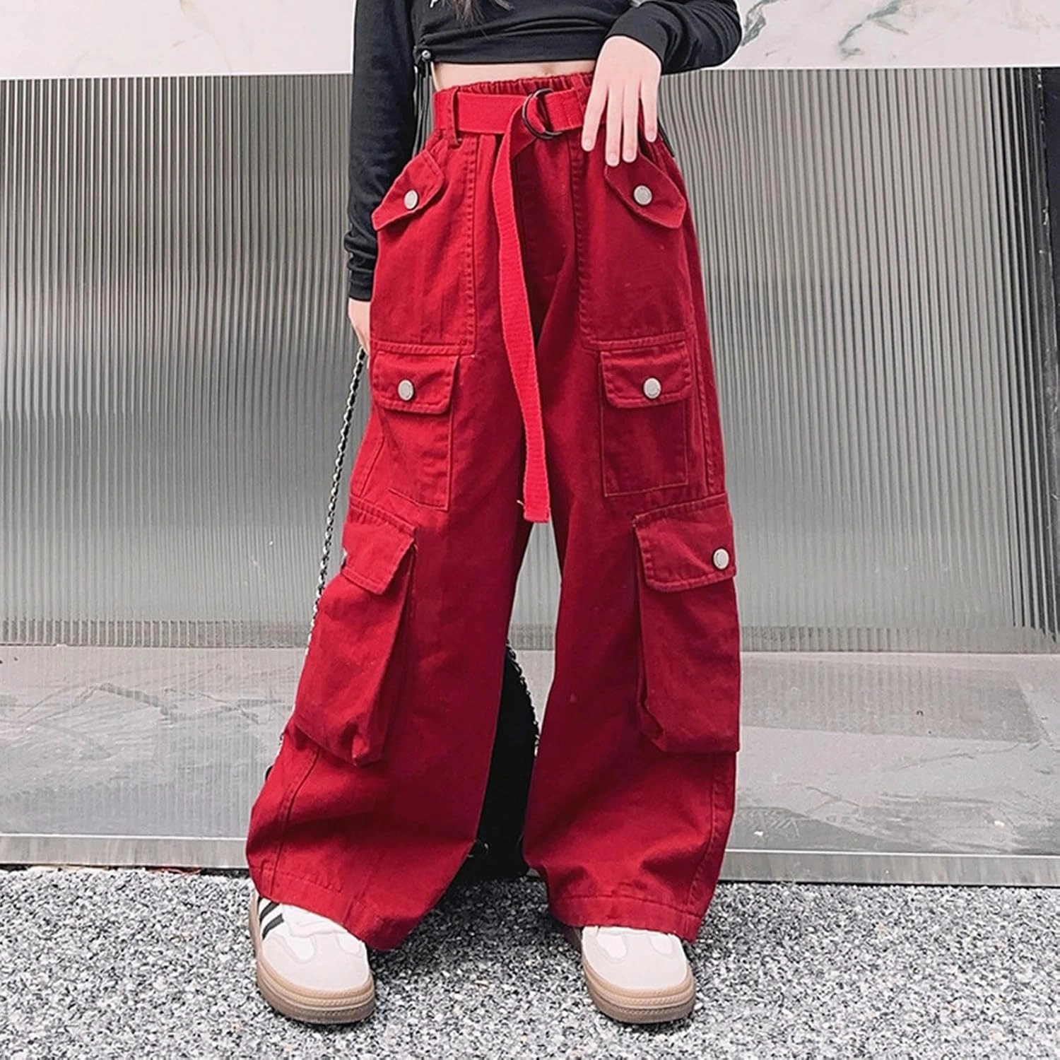 Girls Cargo Long Pants Baggy Wide Leg High Waist Buttons Trousers Kids Multi Pockets Vintage Streetwear Sweatpants