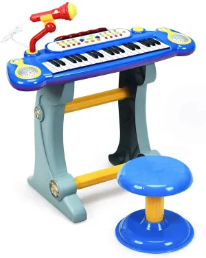 GLACER 37-Key Kids Piano Keyboard, Electronic Musical Instrument Educational Toy Electronic Organ with Detachable Microphone, Stool, Record and Playback, Lights, Adjustable Volume (Blue)