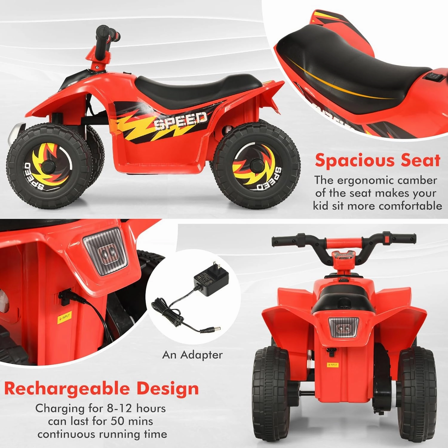 GLACER 6V Kids Ride on ATV Quad Car, Mini Battery Powered Motorized Vehicle w/Forward & Reverse Button, 4 Wear-Resistant Wheels, Wide Seat, for Boys Girls 3  Years Old (Red)