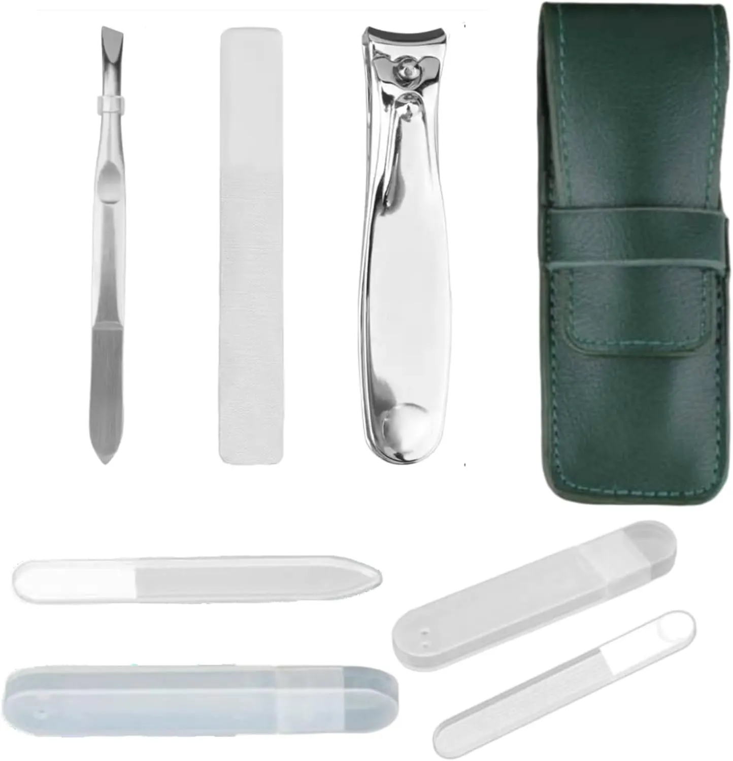 Glass Nail File Kit with Case Vegan Leather Manicure Set with Tweezers Nail Clipper with 2 Bonus All-in-One Nail Polisher Natural Nails Shiner Filer and Buffer Cuticle Pusher for Women Men