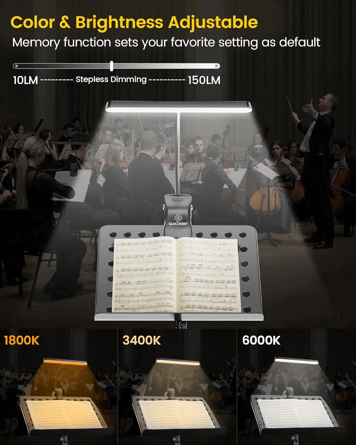 Glocusent 57 LED Super Bright Music Stand Light, Eye Caring Clip-on Piano Light, 3 Color & 5 Brightness, USB-C Rechargeable, Long Lasting up to 140 Hrs, Perfect for The Piano, Sheet Music