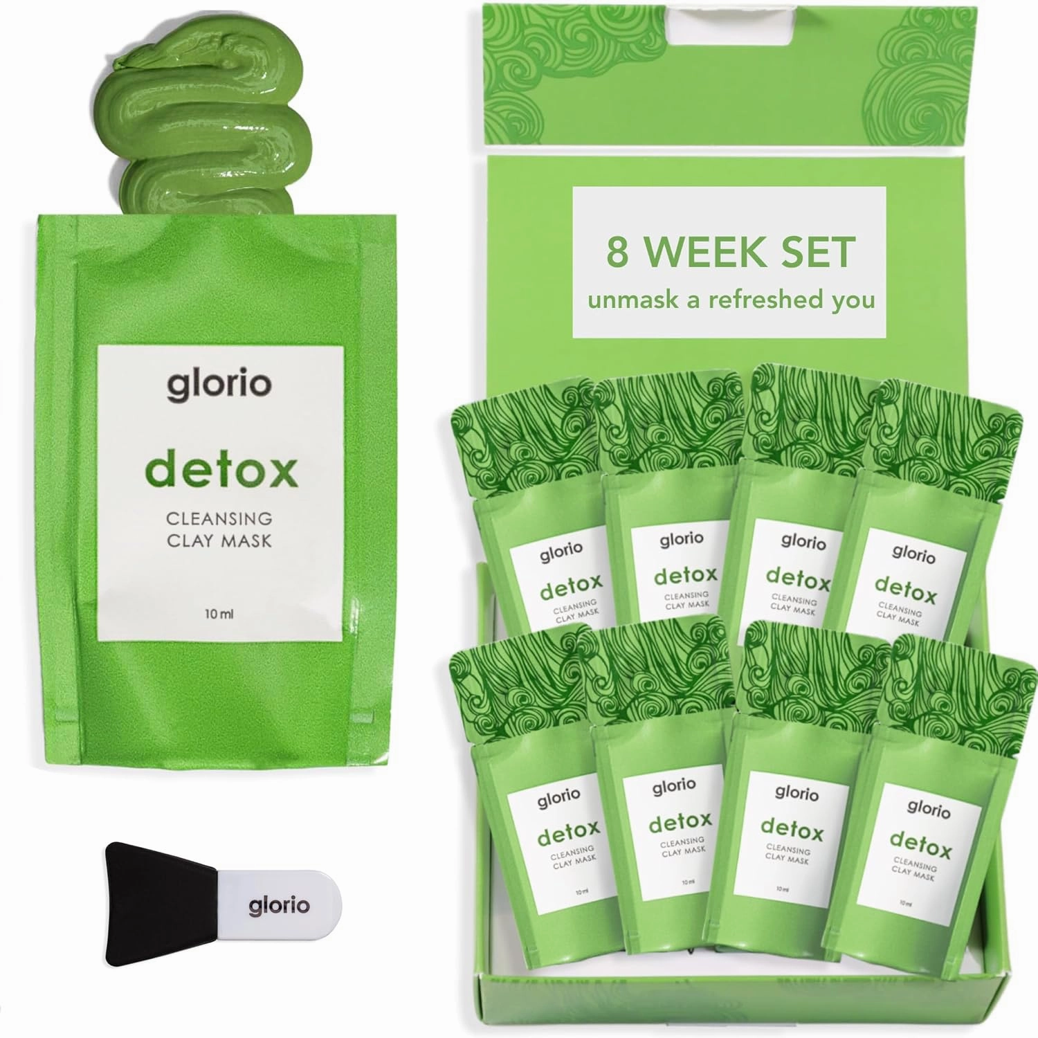 Glorio DETOX: 8 Cleansing Clay Face Mask Treatments - Rare Green Clay - 8 Week Beauty Set - Minimizes Pores, Blackheads, Breakouts - Glycolic   Salicylic Acid, Indian Clay, Spa Gift Set, Face Skincare