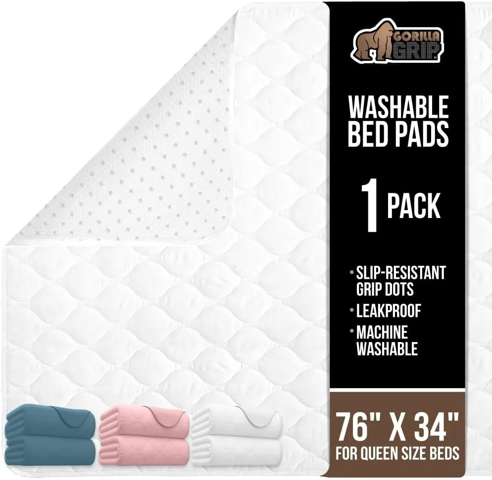 GORILLA GRIP Washable Underpads, Waterproof Reusable Heavy Absorbency Incontinence Bed Pads, Leak Proof Toddler Mattress Pad, 76x34 Slip Resistant Protector for Bedwetting, Adults and Kids, White