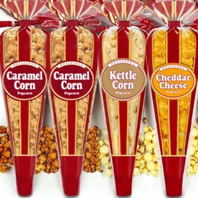 Gourmet Popcorn – Premium Pack of 4 Popcorn Mini Cones & Exclusive Inspirational Sticker! Small Storage Space Friendly & Great Stocking Stuffers!